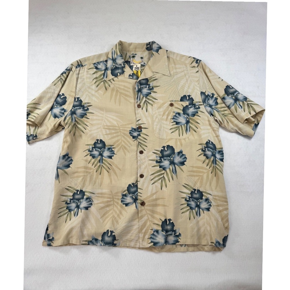 Banana Cabana Mens Large Silk Hawaiian Shirt Tan Blue Floral Short Sleeve Button